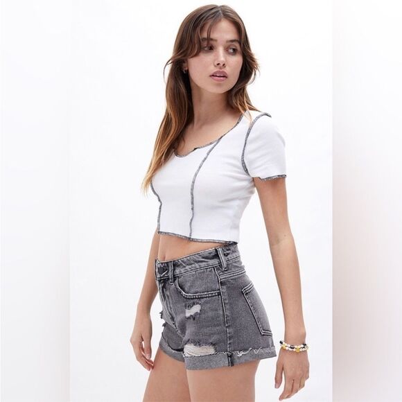 PacSun Mom Short Distressed High Waisted Gray Black Wash All Cotton Y2K Festival - Picture 2 of 14